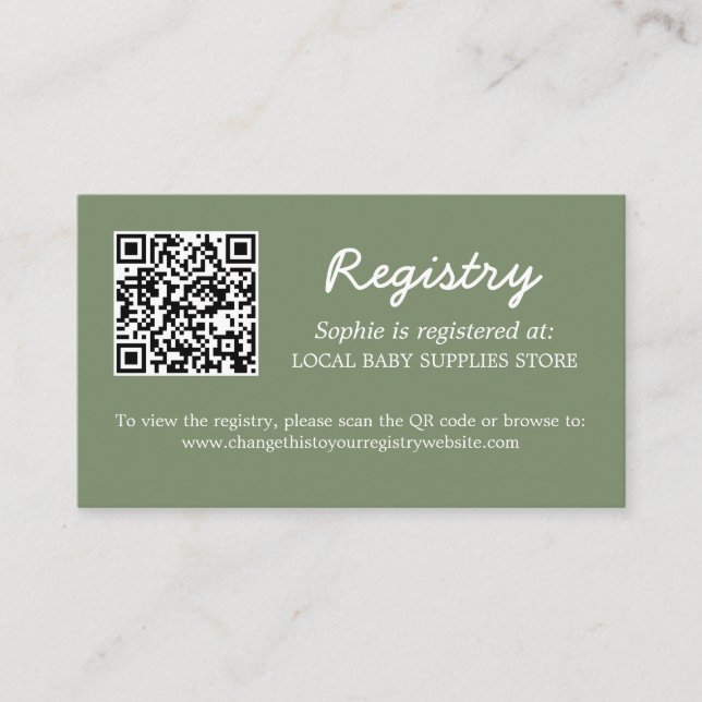 Tarjeta De Recepción Registro de Baby Shower Código QR Sage Green (Anverso)