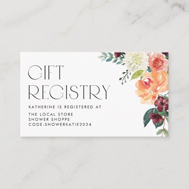 Tarjeta De Recepción Registro de Baby Shower Floral de Otoño en Acuarel (Anverso)