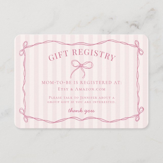 Tarjeta De Recepción Registro de Baby Shower Pink Coquette Bow Pastel (Anverso)