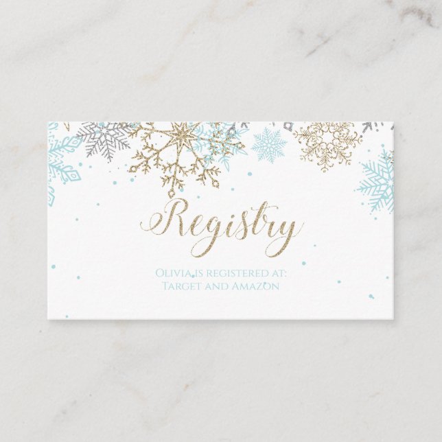 Tarjeta De Recepción Registro de bebé Snowflake azul oro (Anverso)