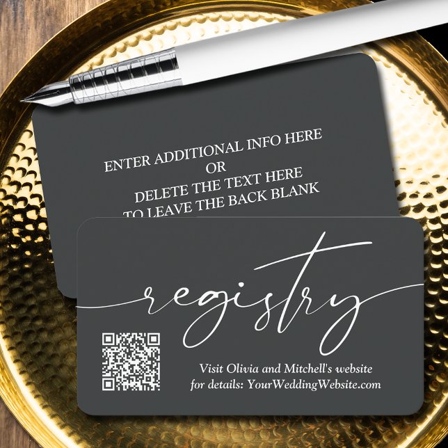Tarjeta De Recepción Registro de Boda con Código QR de Letra Sencilla (QR Code on handwritten script wedding registry enclosure cards - Off Black, more info on back)