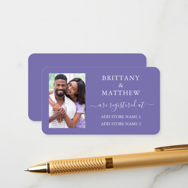 Tarjeta De Recepción Registro de Boda con Foto y Caligrafía Periwinkle (Anverso/Reverso In Situ)