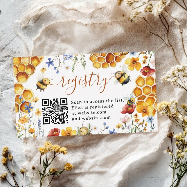 Tarjeta De Recepción Registro de Boda de Abeja de Miel con Acuarela y F (Watercolor Honey Bee Wildflower Bridal Registry Enclosure Card)