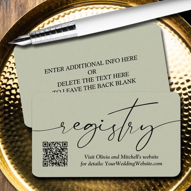 Tarjeta De Recepción Registro de Boda de código QR de escritura a mano  (QR Code on handwritten script wedding registry enclosure cards - Sage Green, more info on back)