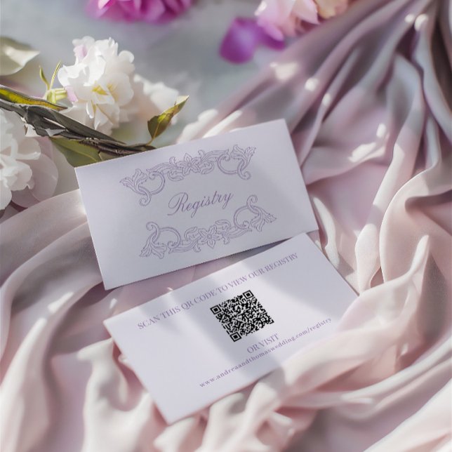Tarjeta De Recepción Registro de Boda de código QR Purple Elegage (QR Code Wedding Registry Purple Elegant Vintage Enclosure Card)