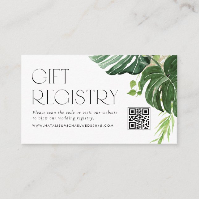 Tarjeta De Recepción Registro de Boda de código QR tropical de Monstera (Anverso)