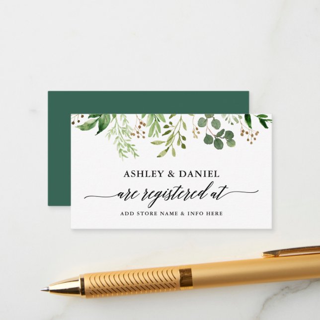 Tarjeta De Recepción Registro de Bodas botánicos verdes de caligrafía (Anverso/Reverso In Situ)