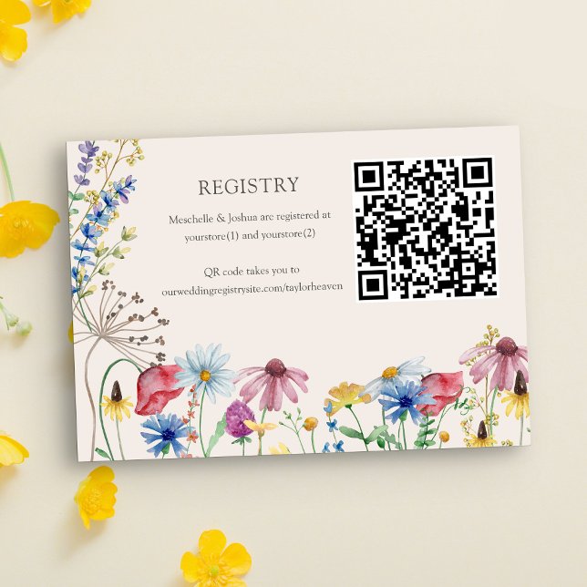 Tarjeta De Recepción Registro de bodas Código QR Flor silvestre País Fl (Wedding Registry card with qr code, custom store name(s) and registry website address.)