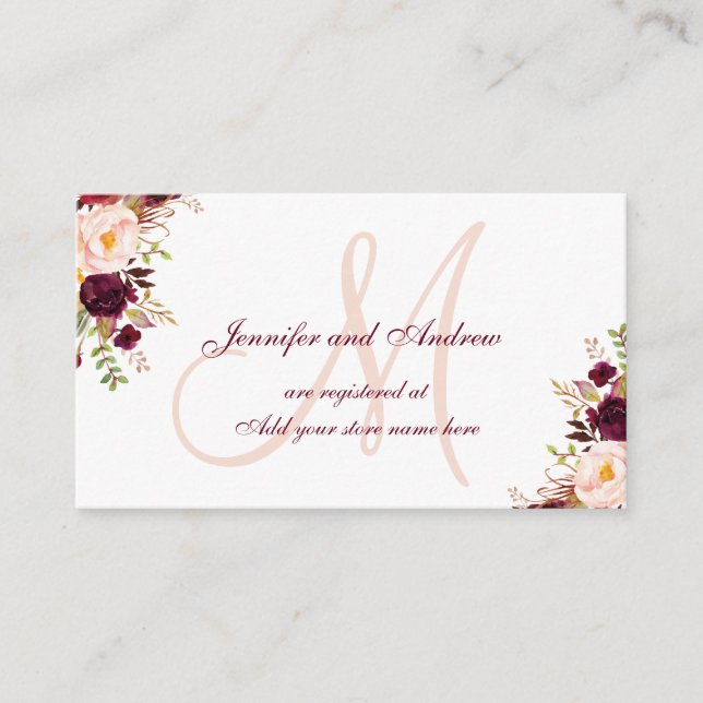 Tarjeta De Recepción Registro de Bodas de Burgundy Floral Rubor (Anverso)