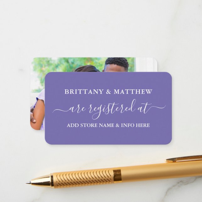 Tarjeta De Recepción Registro de Bodas de caligrafía Foto Periwinkle (Anverso/Reverso In Situ)