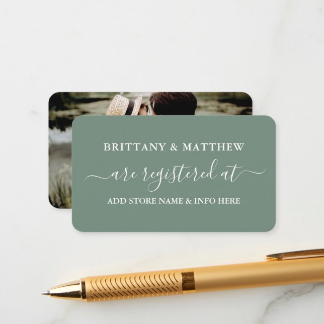 Tarjeta De Recepción Registro de Bodas de caligrafía Foto Sage Green (Anverso/Reverso In Situ)