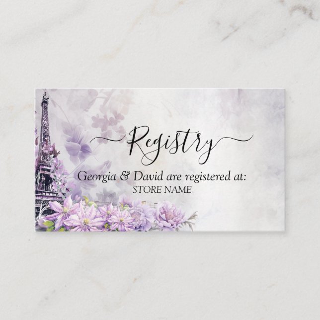 Tarjeta De Recepción Registro de Bodas de Eiffel Tower Lavender Romance (Anverso)
