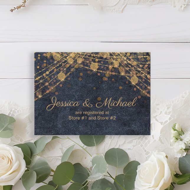Tarjeta De Recepción Registro de Bodas de la Marina Rusa Glam Blue Gold (Rustic chic navy blue and gold string lights wedding registry enclosure card)