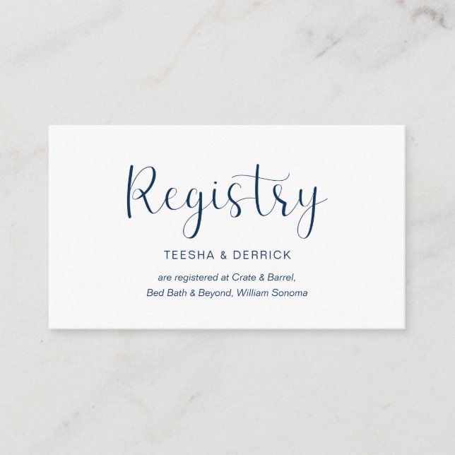 Tarjeta De Recepción Registro de bodas, diseño mínimo, fuente azul mari (Anverso)
