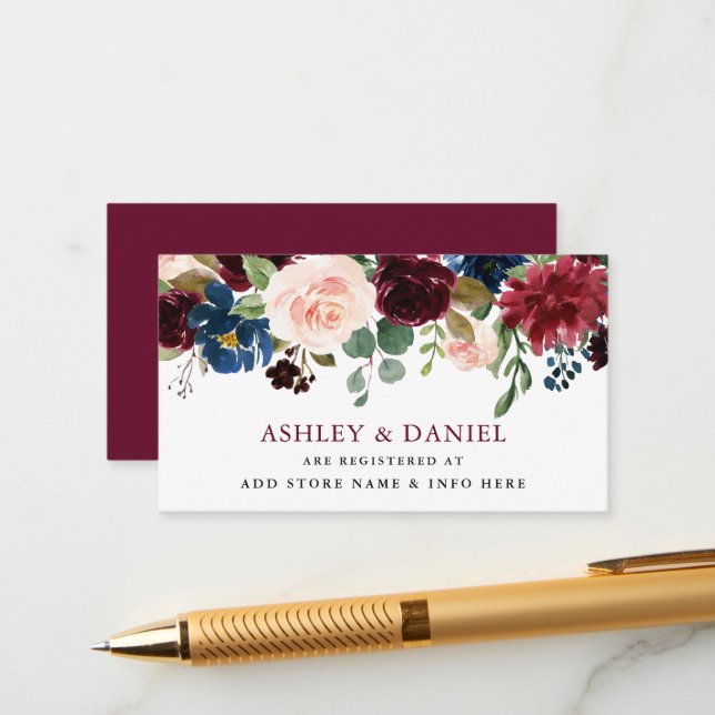 Tarjeta De Recepción Registro de Bodas Florales Azules Burgundy Classic (Anverso/Reverso In Situ)