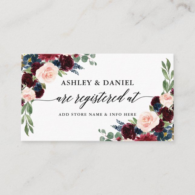Tarjeta De Recepción Registro de Bodas Florales de Borgoña Azul (Anverso)
