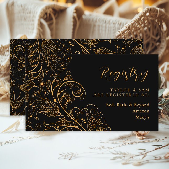 Tarjeta De Recepción Registro de Bodas florales Gold y Black Elegent (Subido por el creador)