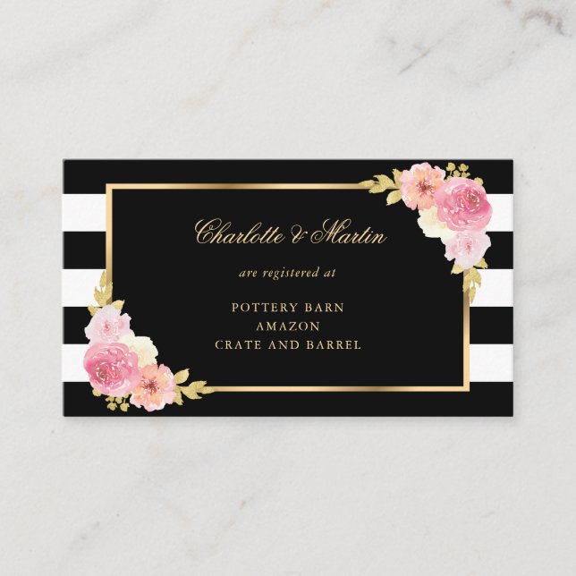 Tarjeta De Recepción Registro de Bodas Florales Rosa Black Gold Rubor (Anverso)