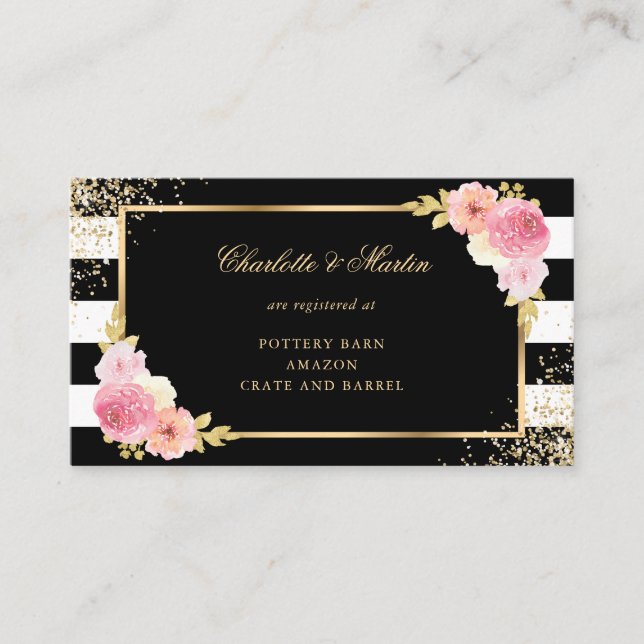 Tarjeta De Recepción Registro de Bodas Florales Rosa Black Gold Rubor (Anverso)