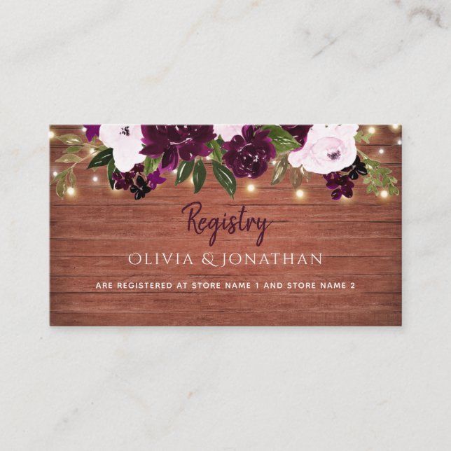 Tarjeta De Recepción Registro de Bodas Plum Floral Rustic Wood (Anverso)