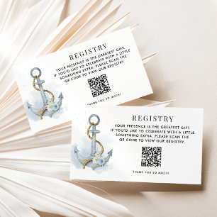 Tarjeta De Recepción Registro de código QR de ancla floral azul y blanc