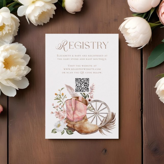 Tarjeta De Recepción Registro de código QR de arranque de Cowgirl rosa  (Pink Cowgirl Boot QR Code Registry Baby Shower Enclosure Card)