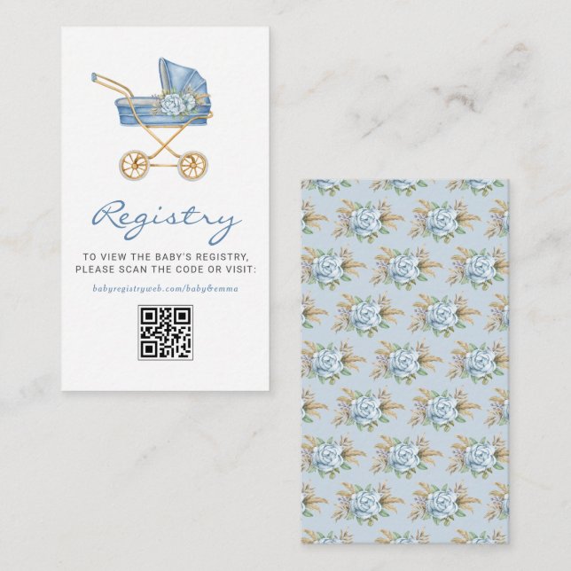 Tarjeta De Recepción Registro de código QR de Baby Shower Stroller Azul (Anverso / Reverso)