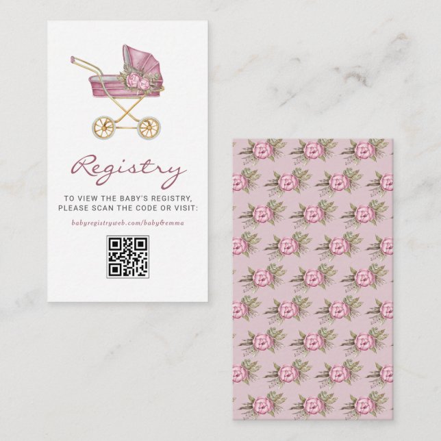 Tarjeta De Recepción Registro de código QR de Baby Shower Stroller Rosa (Anverso / Reverso)