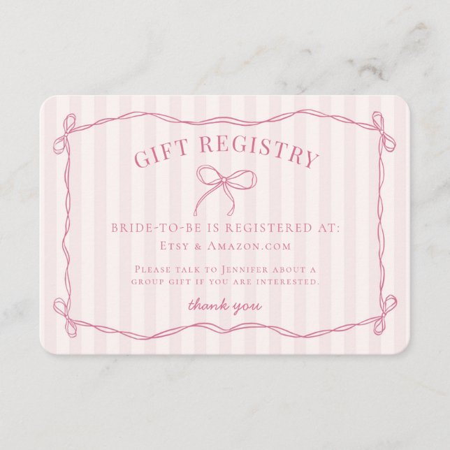Tarjeta De Recepción Registro de duchas de novias rosadas Bow Pastel (Anverso)