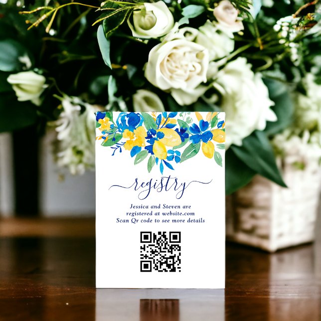 Tarjeta De Recepción Registro de duchas florales de limones amarillos a (Blue yellow lemons floral bridal shower registry enclosure card)
