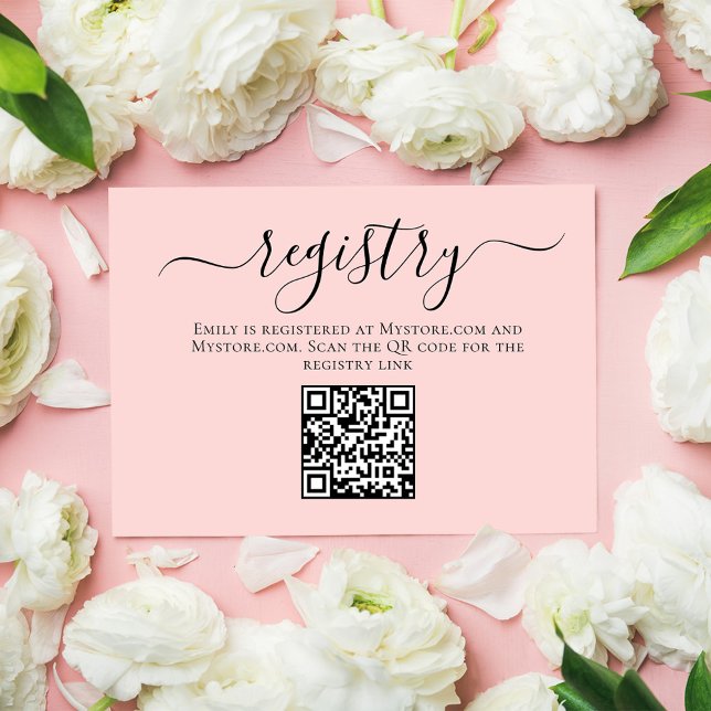 Tarjeta De Recepción Registro de guiones de caligrafía rosa para la duc (Bridal shower enclosure card gift registry with scannable QR code. )