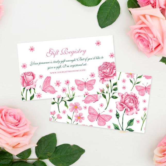 Tarjeta De Recepción Registro de Mariposas Florales Rosa Quinceañera (Pink Floral Butterflies Gift Registry Quinceañera Enclosure Card)