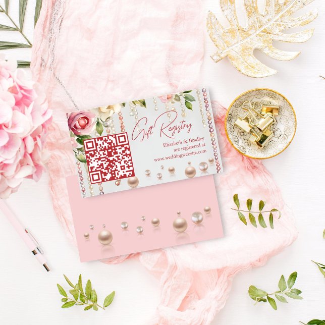 Tarjeta De Recepción Registro de obsequios qr de Pearls y prosecco brid (Pearls and prosecco bridal shower qr gift registry enclosure card blush pink roses pearl themed)