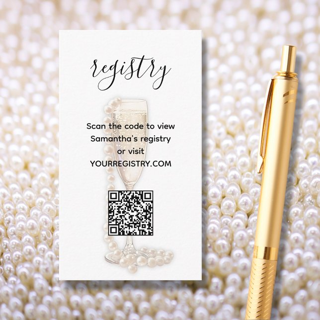 Tarjeta De Recepción Registro de Pearls y Prosecco Bridal Shower (Pearls & Prosecco Bridal Shower Registry QR Code Enclosure Cards)