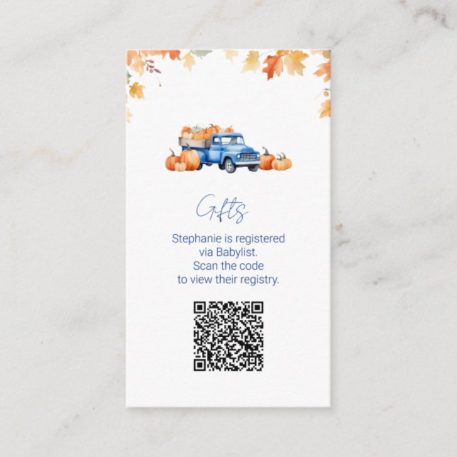 Tarjeta De Recepción Registro de regalo Código QR Camión azul calabaza  (Anverso)