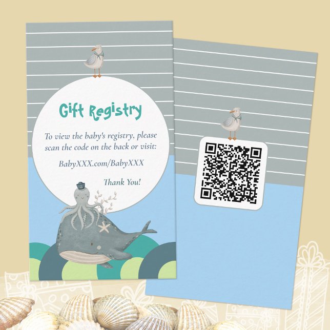 Tarjeta De Recepción Registro de regalo de Baby Shower Nautical Código  (Nautical Baby Shower Gift Registry QR Code Blue Enclosure Card ©Susanne Sachers - Sunny Mind Design )