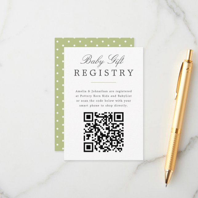 Tarjeta De Recepción Registro de regalo de bebé elegante verde con códi (Anverso/Reverso In Situ)