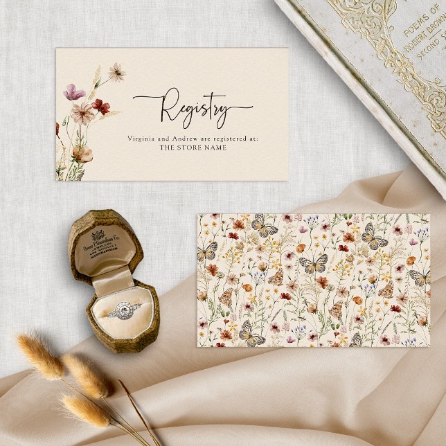 Tarjeta De Recepción Registro de regalo de Boho (Tan Wildflower with Butterflies Boho Floral Gift Registry Enclosure Card by Painted Paperie
)