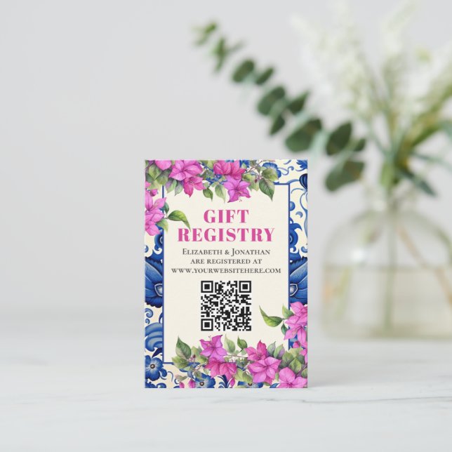 Tarjeta De Recepción Registro de regalo de Bougainvillea Azul Tile QR (Anverso de pie)