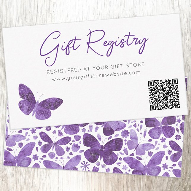 Tarjeta De Recepción Registro de regalo de mariposa Código QR (Modern watercolor butterfly purple baby shower gift registry enclosure card with custom text QR code)