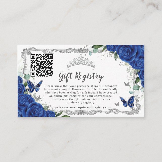 Tarjeta De Recepción Registro de regalo Royal Blue Floral Silver Quince (Anverso)