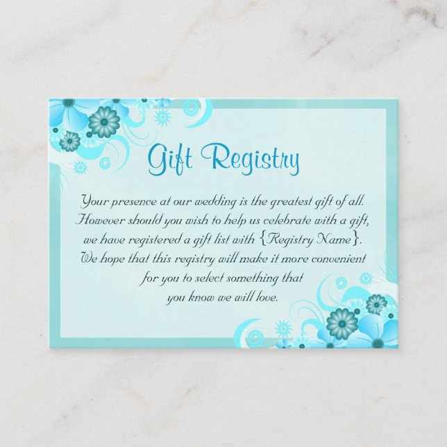 Tarjeta De Recepción Registro de regalos Aqua Blue Floral Mini Boda (Anverso)