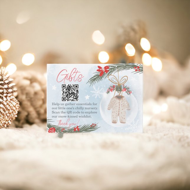 Tarjeta De Recepción Registro de regalos azules de hielo de invierno QR (Winter snow ice blue gifts registry QR baby shower Enclosure Card)