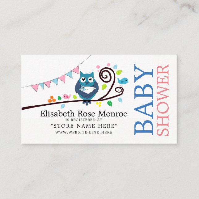 Tarjeta De Recepción Registro de regalos de Baby Shower de búho caprich (Anverso)