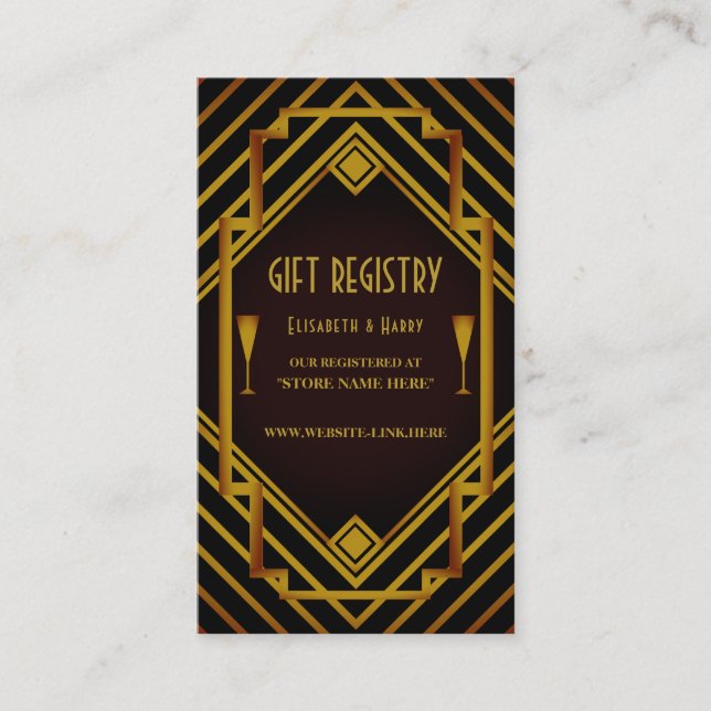 Tarjeta De Recepción Registro de regalos de boda de Gatsby Gold 2020 (Anverso)