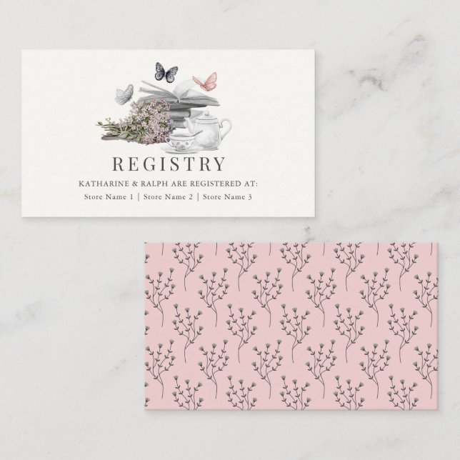 Tarjeta De Recepción Registro de regalos de boda Mariposa Rosa Nuevo Ca (Anverso / Reverso)