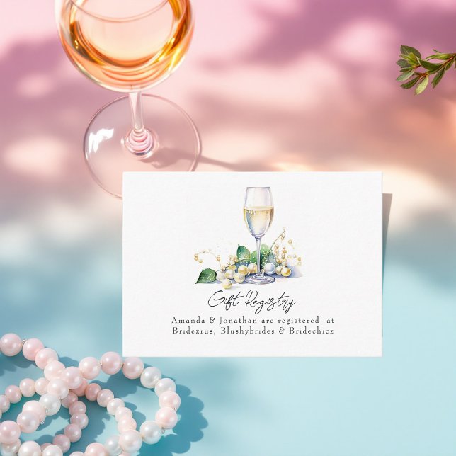 Tarjeta De Recepción Registro de regalos de boda Perlas y Prosecco (Pearls and Prosecco Bridal Shower Gift Registry Enclosure Card)
