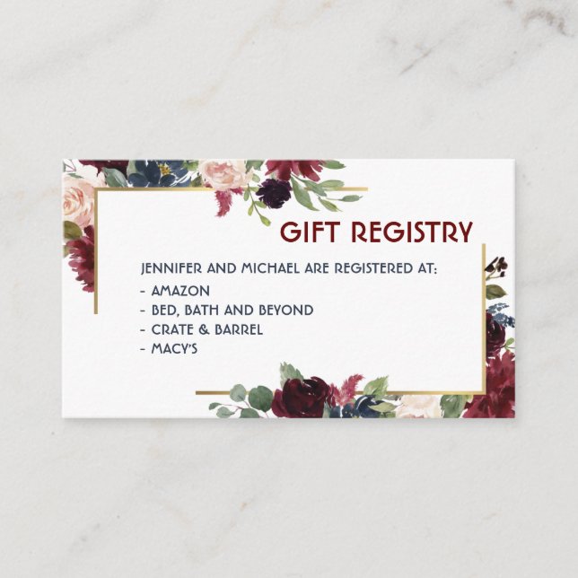 Tarjeta De Recepción Registro de regalos de eventos de Bodas florales d (Anverso)