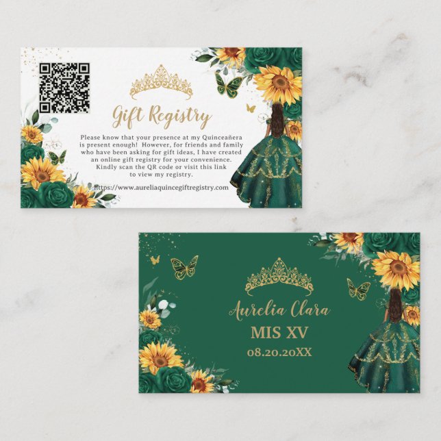Tarjeta De Recepción Registro de regalos de Floral de girasol esmeralda (Anverso / Reverso)