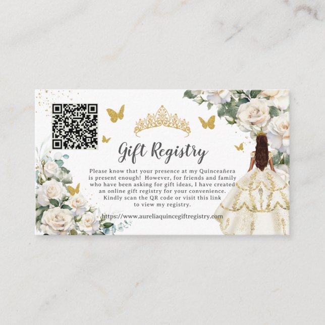 Tarjeta De Recepción Registro de regalos de Quinceañera de Oro Floral B (Anverso)